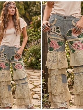 Boho Pin Stripe Floral Patchwork Lace Ruffle Crochet Pants